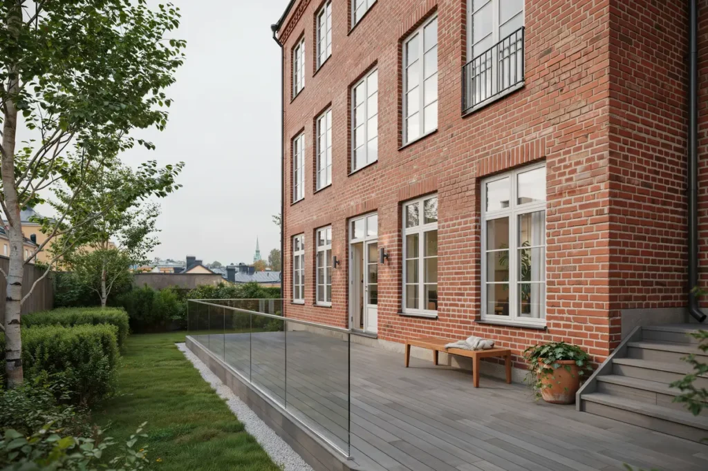 altanbygge med r cke och trappa vid radhus i johanneshov